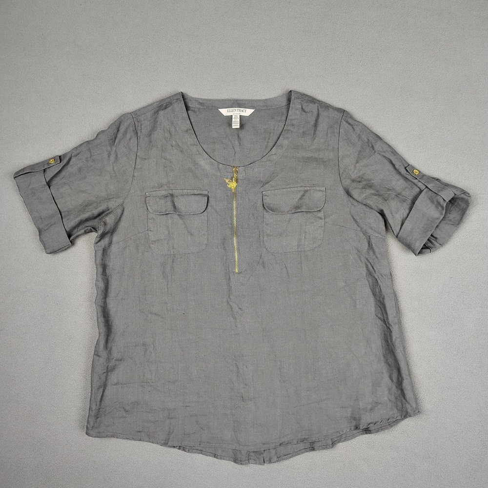 Ellen Tracy 100% Linen Tunic Top Women XL Gray Relaxed ¼ Zip Short Sleeve EC